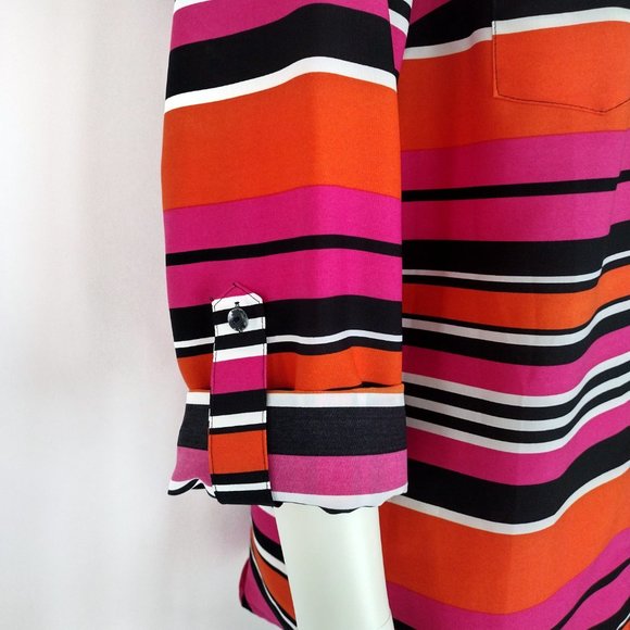 Elementz Vibrant Orange and Pink Stripe Roll Tab Sleeve Blouse - Picture 9 of 13